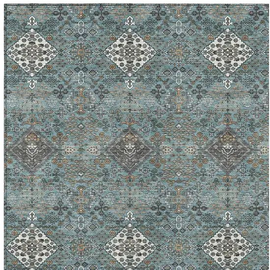 Teal Blue And Ivory Geometric Washable Indoor Outdoor Area Rug Photo 2