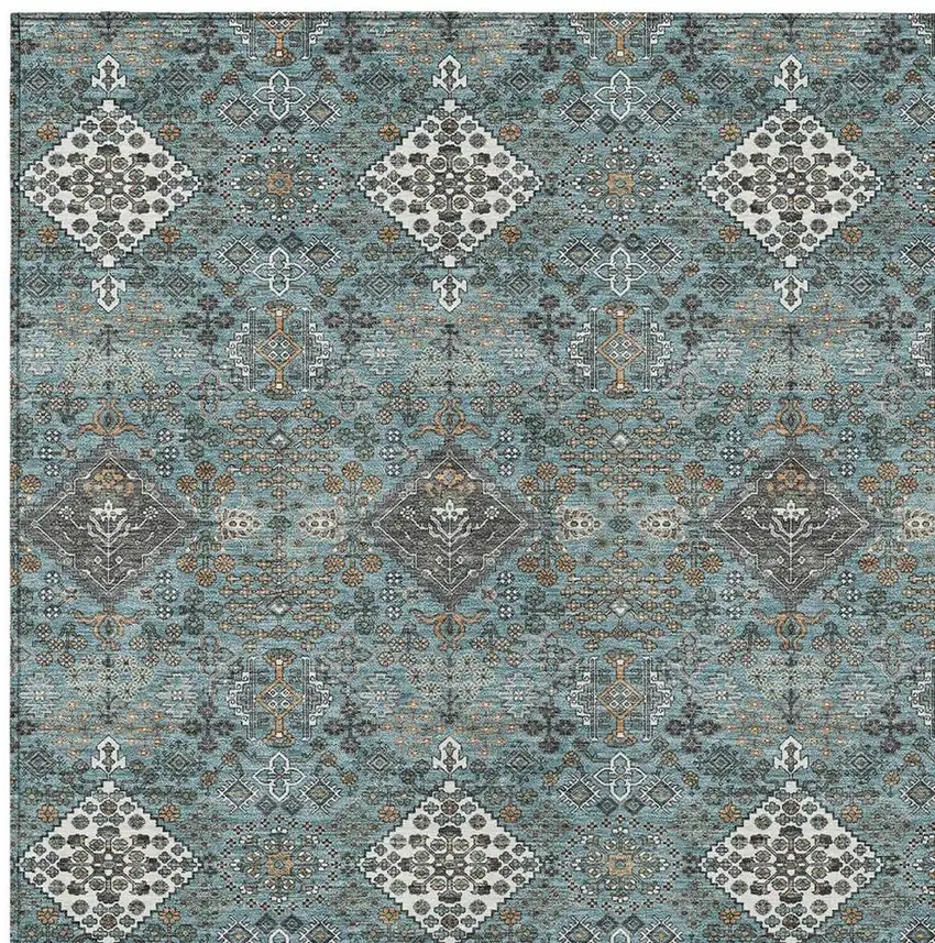 Teal Blue And Ivory Geometric Washable Indoor Outdoor Area Rug Photo 2