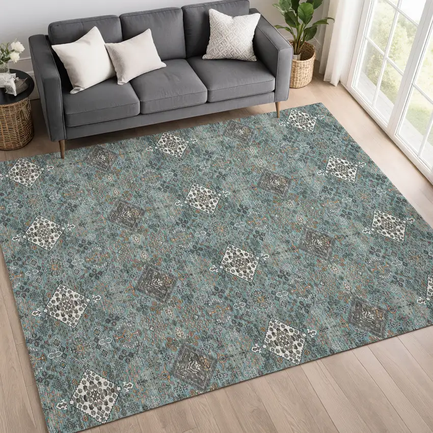 Teal Blue And Ivory Geometric Washable Indoor Outdoor Area Rug Photo 6