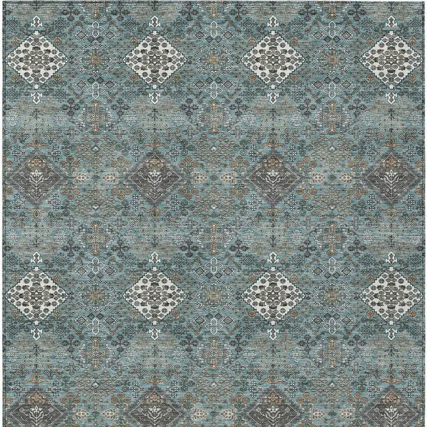 Teal Blue And Ivory Geometric Washable Indoor Outdoor Area Rug Photo 3