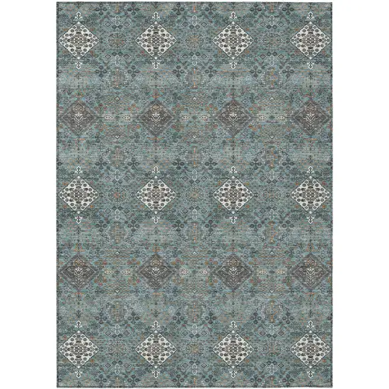 Teal Blue And Ivory Geometric Washable Indoor Outdoor Area Rug Photo 1