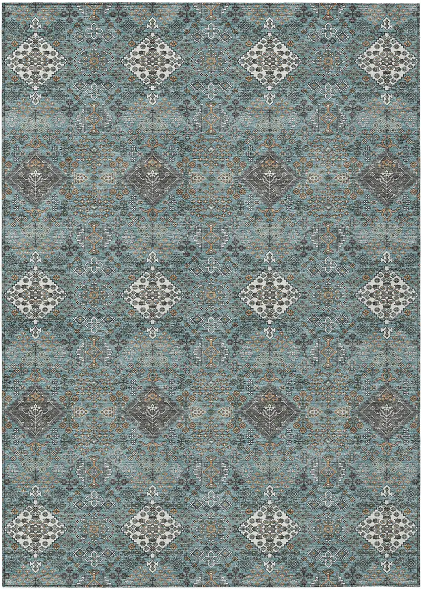 Teal Blue And Ivory Geometric Washable Indoor Outdoor Area Rug Photo 1