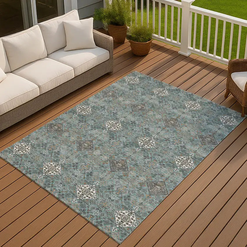 Teal Blue And Ivory Geometric Washable Indoor Outdoor Area Rug Photo 7