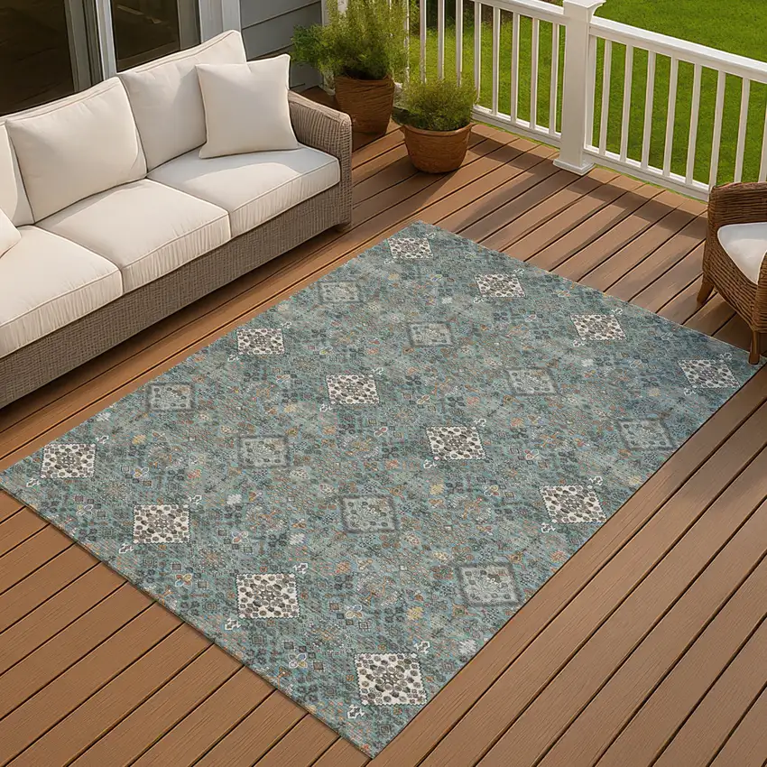 Teal Blue And Ivory Geometric Washable Indoor Outdoor Area Rug Photo 7