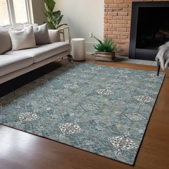 Teal Blue And Ivory Geometric Washable Indoor Outdoor Area Rug Photo 5