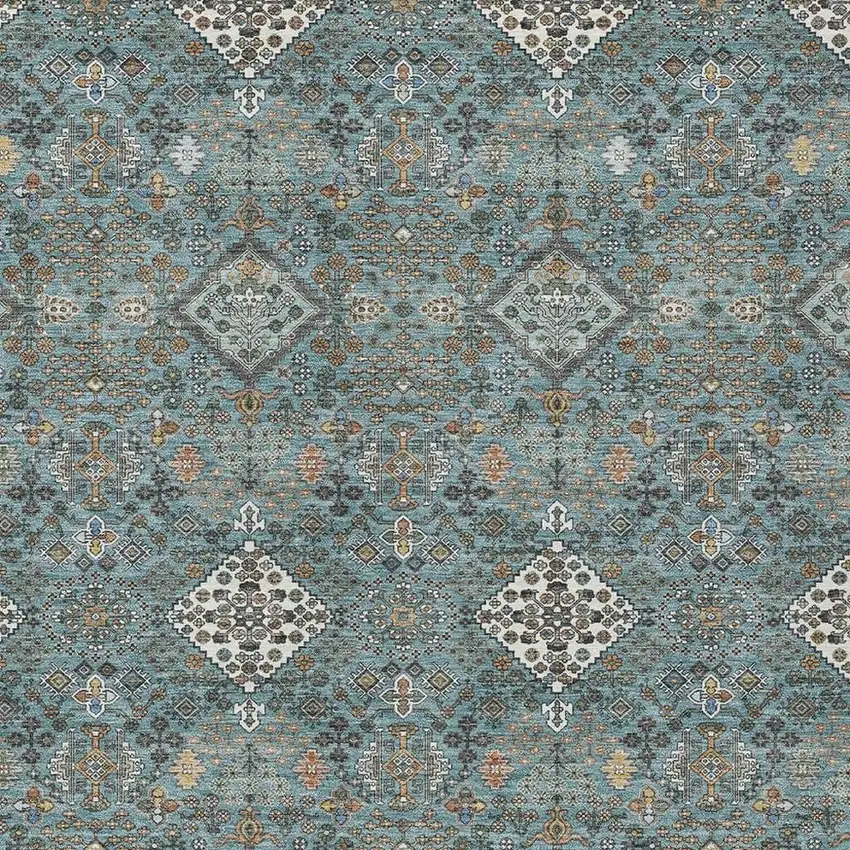 Teal Blue And Ivory Geometric Washable Indoor Outdoor Area Rug Photo 2