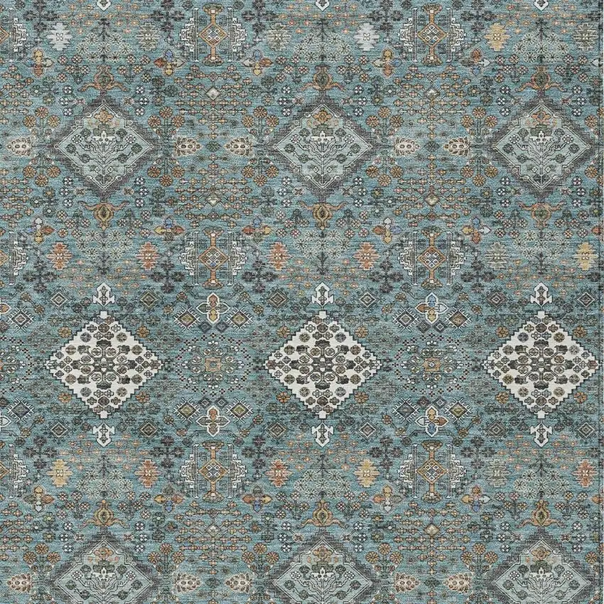 Teal Blue And Ivory Geometric Washable Indoor Outdoor Area Rug Photo 2