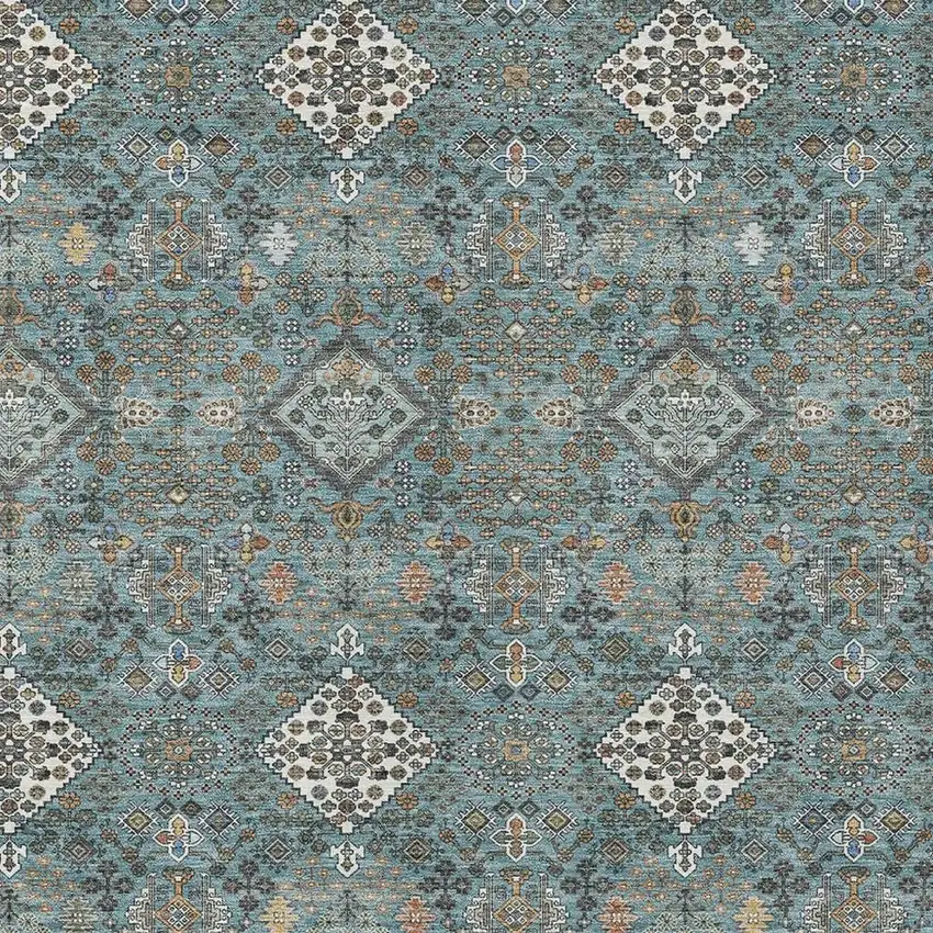 Teal Blue And Ivory Geometric Washable Indoor Outdoor Area Rug Photo 2