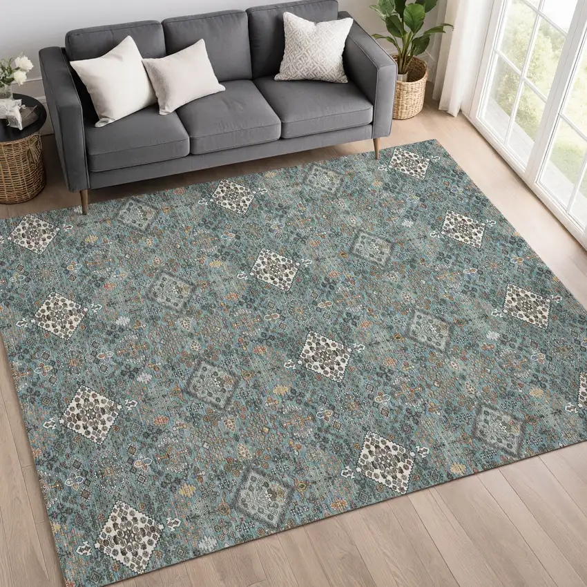 Teal Blue And Ivory Geometric Washable Indoor Outdoor Area Rug Photo 6