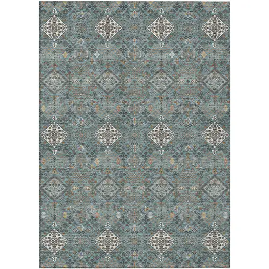 Teal Blue And Ivory Geometric Washable Indoor Outdoor Area Rug Photo 1