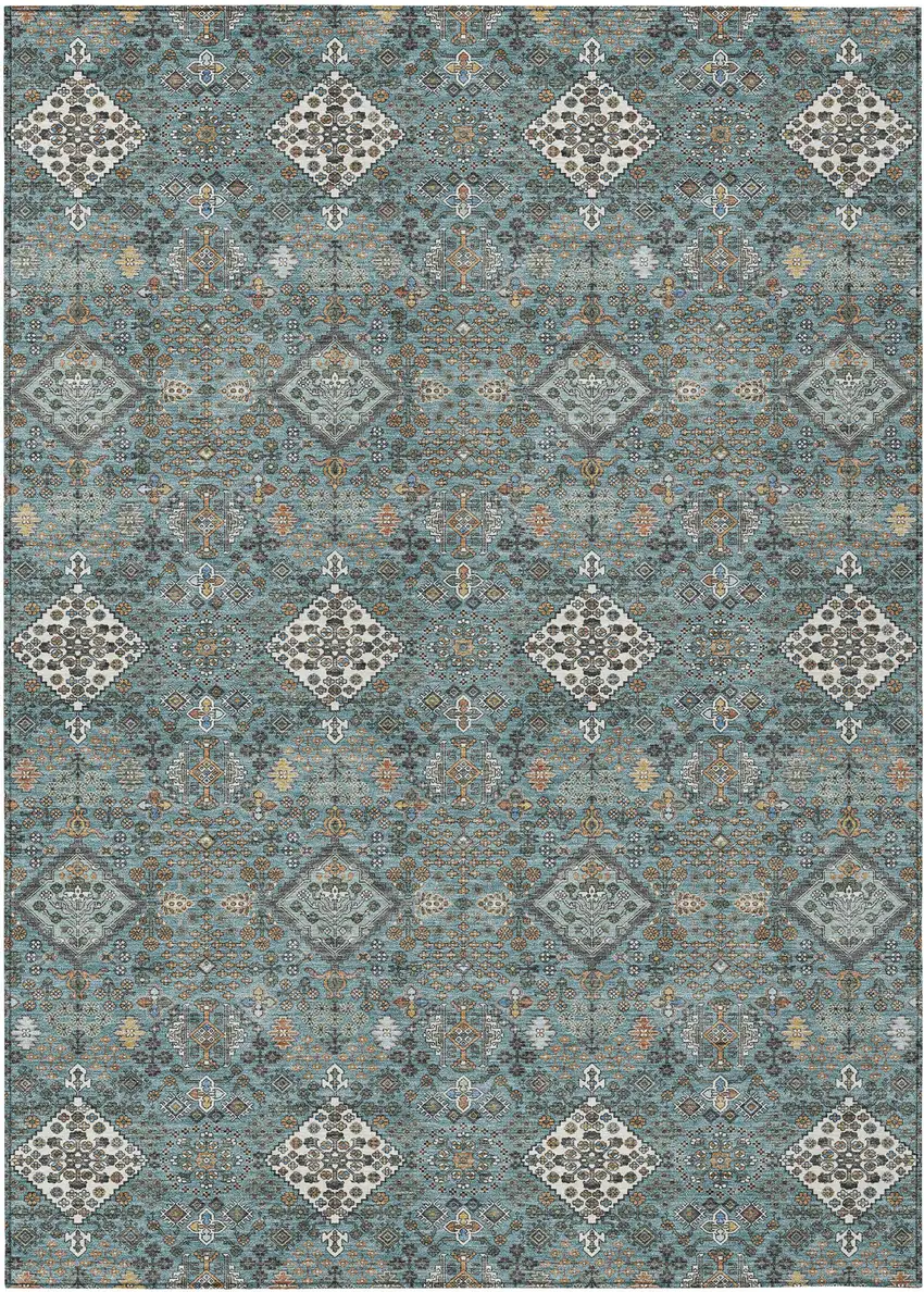 Teal Blue And Ivory Geometric Washable Indoor Outdoor Area Rug Photo 1