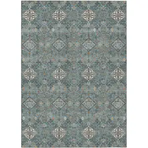 Photo of Teal Blue And Ivory Geometric Washable Indoor Outdoor Area Rug