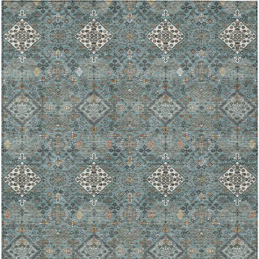 Teal Blue And Ivory Geometric Washable Indoor Outdoor Area Rug Photo 3