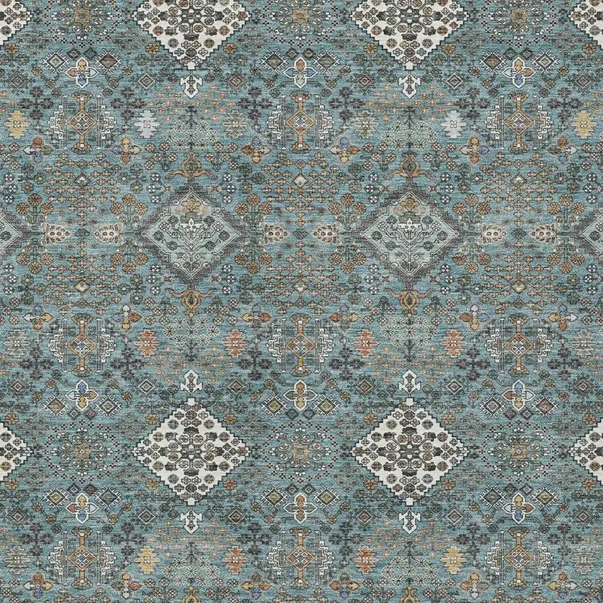 Teal Blue And Ivory Geometric Washable Indoor Outdoor Area Rug Photo 2