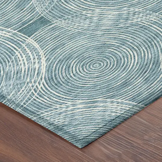 Teal Blue And Ivory Geometric Washable Indoor Outdoor Area Rug Photo 5