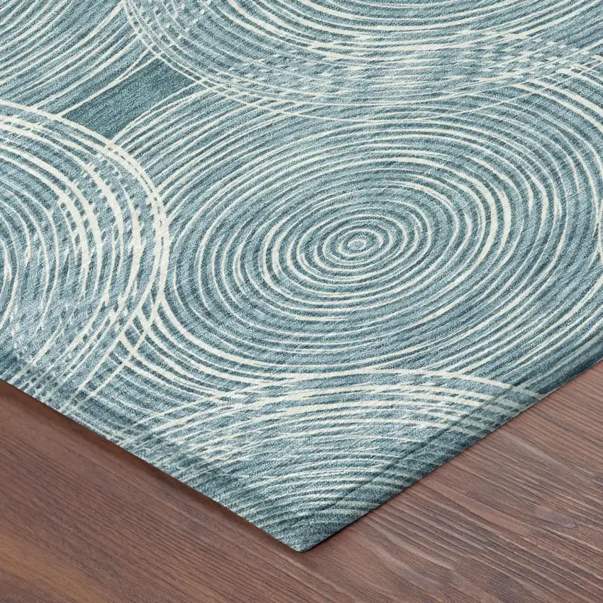 Teal Blue And Ivory Geometric Washable Indoor Outdoor Area Rug Photo 5