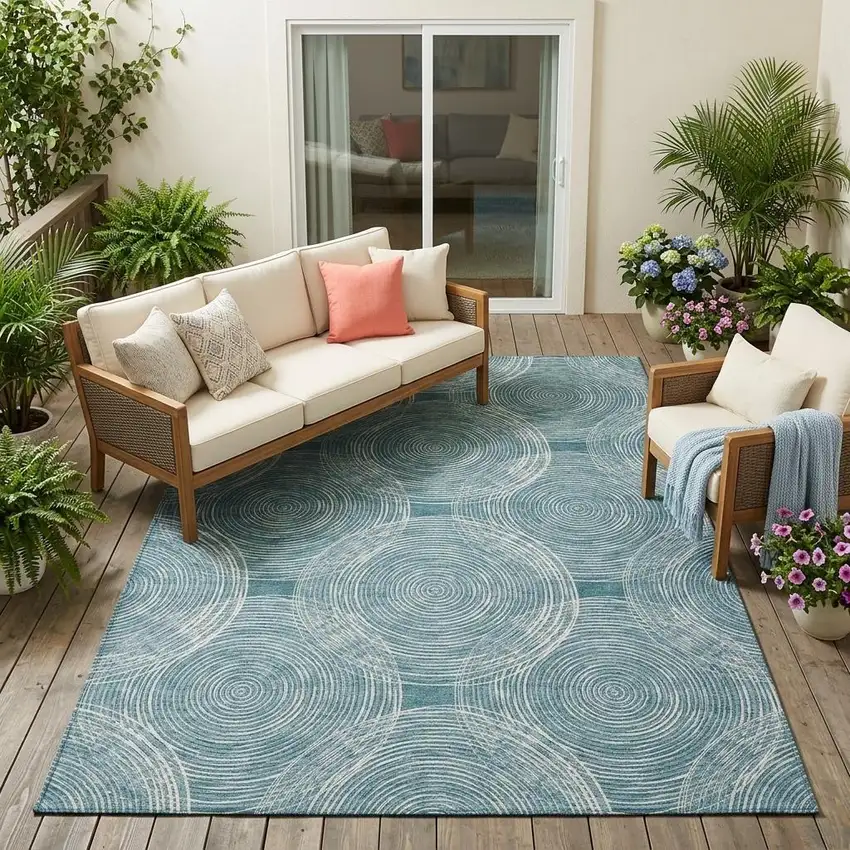 Teal Blue And Ivory Geometric Washable Indoor Outdoor Area Rug Photo 1