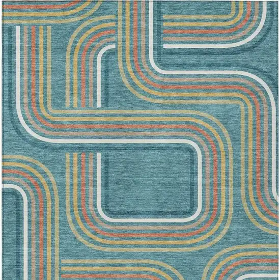 Teal Blue And Ivory Geometric Washable Indoor Outdoor Area Rug Photo 4
