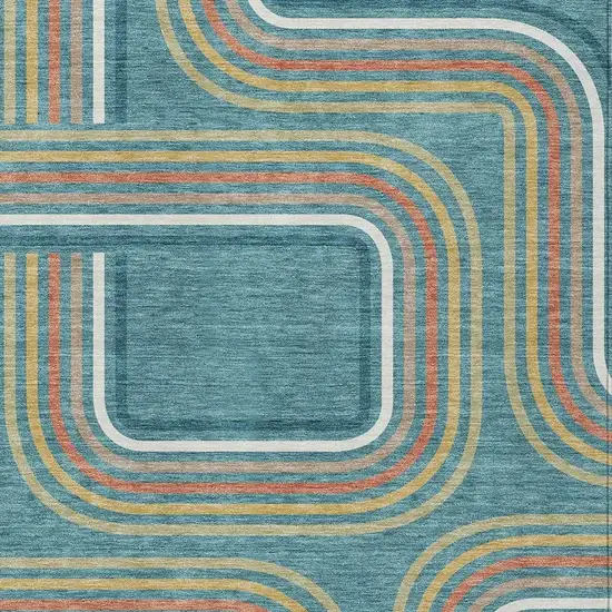 Teal Blue And Ivory Geometric Washable Indoor Outdoor Area Rug Photo 3