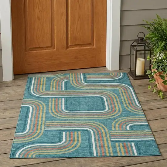 Teal Blue And Ivory Geometric Washable Indoor Outdoor Area Rug Photo 1