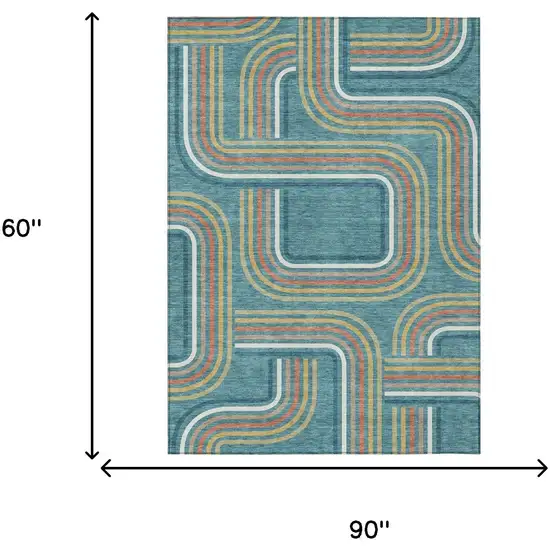 Teal Blue And Ivory Geometric Washable Indoor Outdoor Area Rug Photo 7