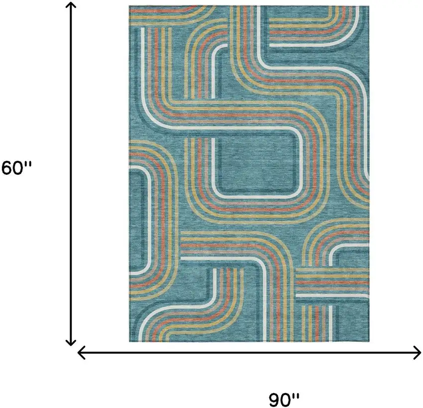 Teal Blue And Ivory Geometric Washable Indoor Outdoor Area Rug Photo 7
