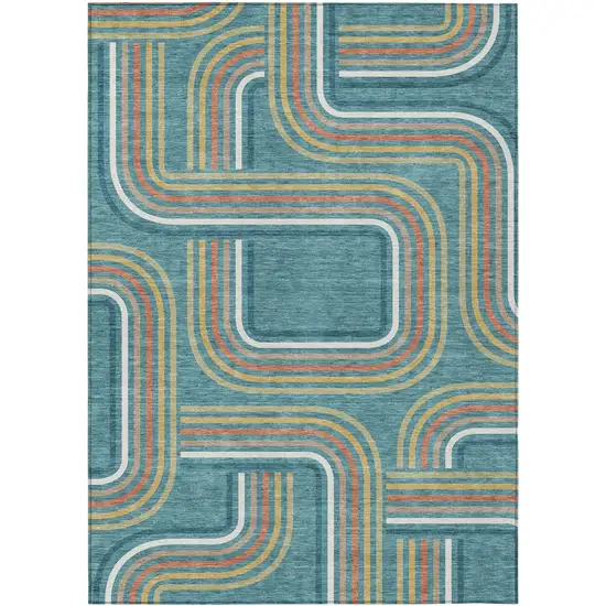Teal Blue And Ivory Geometric Washable Indoor Outdoor Area Rug Photo 2