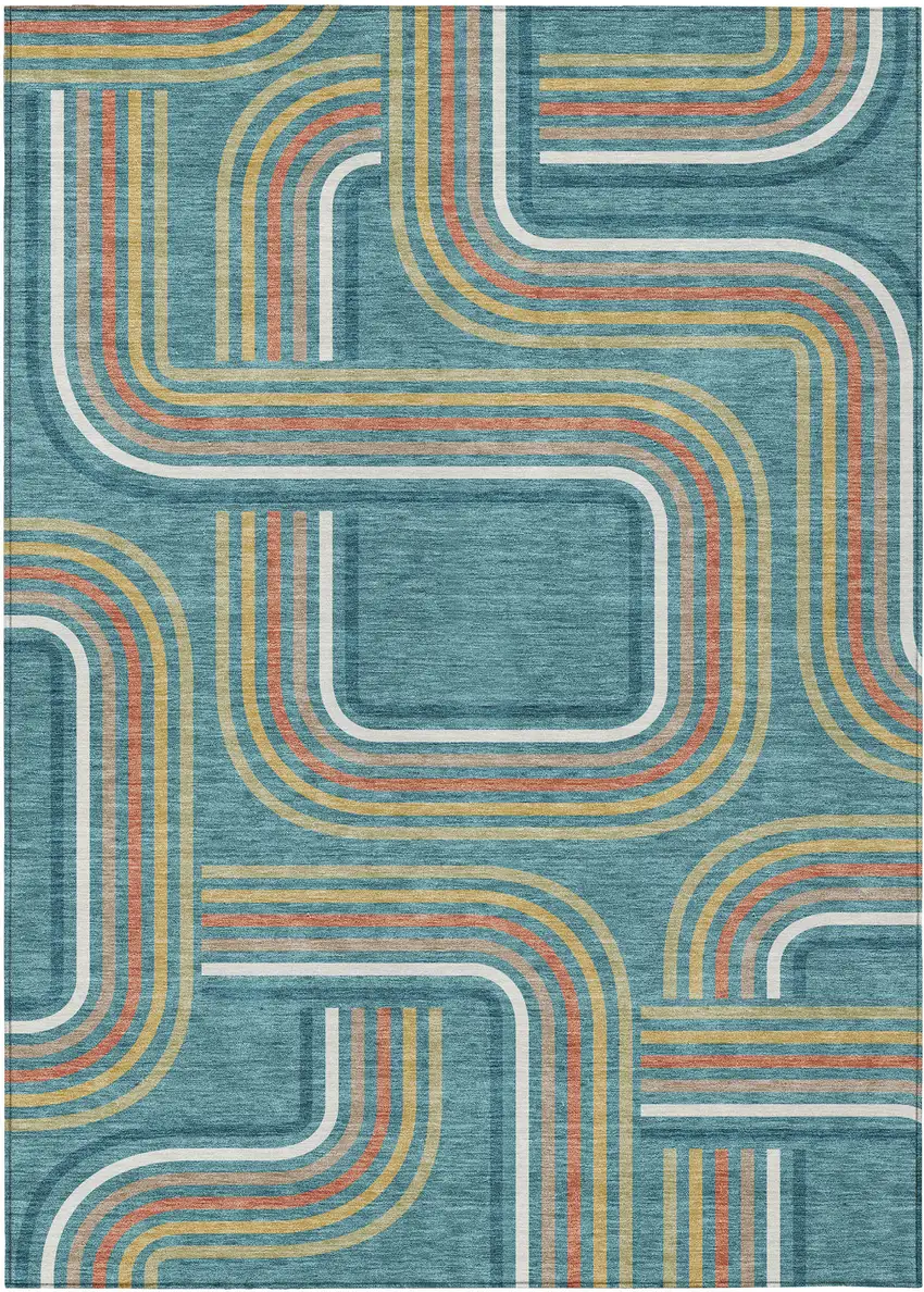 Teal Blue And Ivory Geometric Washable Indoor Outdoor Area Rug Photo 2