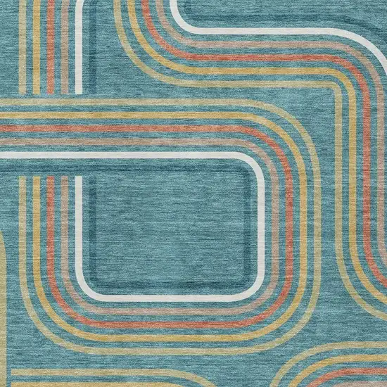 Teal Blue And Ivory Geometric Washable Indoor Outdoor Area Rug Photo 3