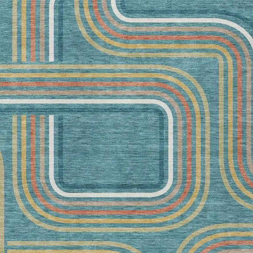 Teal Blue And Ivory Geometric Washable Indoor Outdoor Area Rug Photo 3