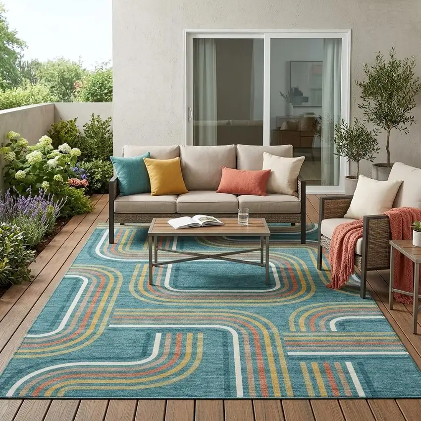 Teal Blue And Ivory Geometric Washable Indoor Outdoor Area Rug Photo 1