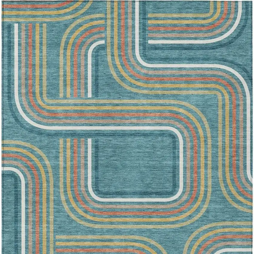 Teal Blue And Ivory Geometric Washable Indoor Outdoor Area Rug Photo 4
