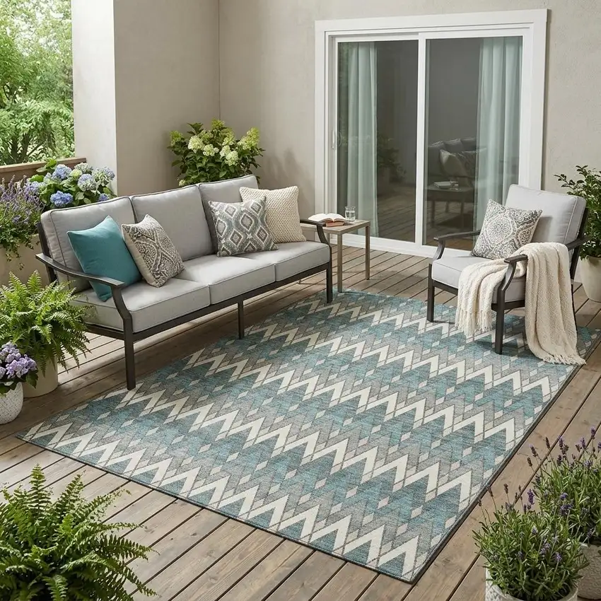 Teal Blue And Ivory Geometric Washable Indoor Outdoor Area Rug Photo 1
