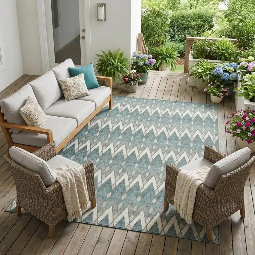 Teal Blue And Ivory Geometric Washable Indoor Outdoor Area Rug Photo 1