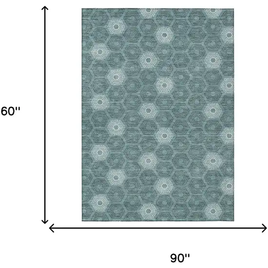 Teal Blue And Ivory Geometric Washable Indoor Outdoor Area Rug Photo 7