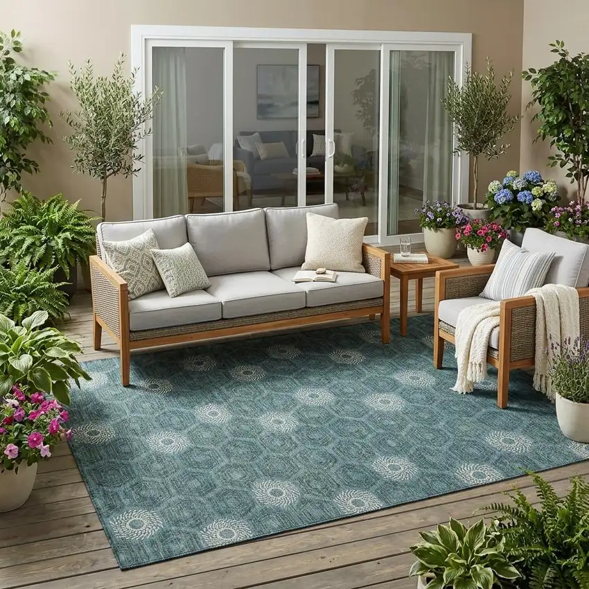 Teal Blue And Ivory Geometric Washable Indoor Outdoor Area Rug Photo 1