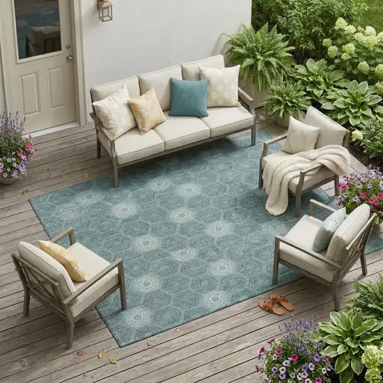 Teal Blue And Ivory Geometric Washable Indoor Outdoor Area Rug Photo 1