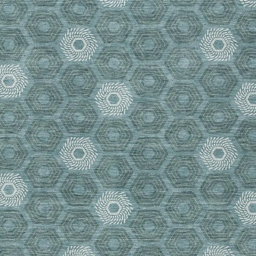 Teal Blue And Ivory Geometric Washable Indoor Outdoor Area Rug Photo 3