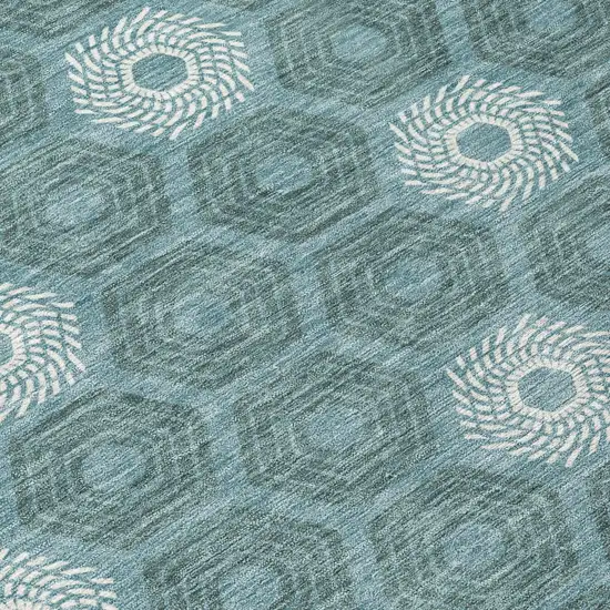 Teal Blue And Ivory Geometric Washable Indoor Outdoor Area Rug Photo 6