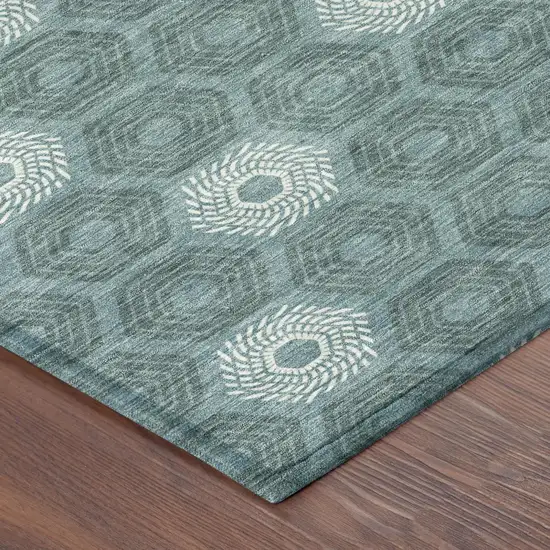 Teal Blue And Ivory Geometric Washable Indoor Outdoor Area Rug Photo 5