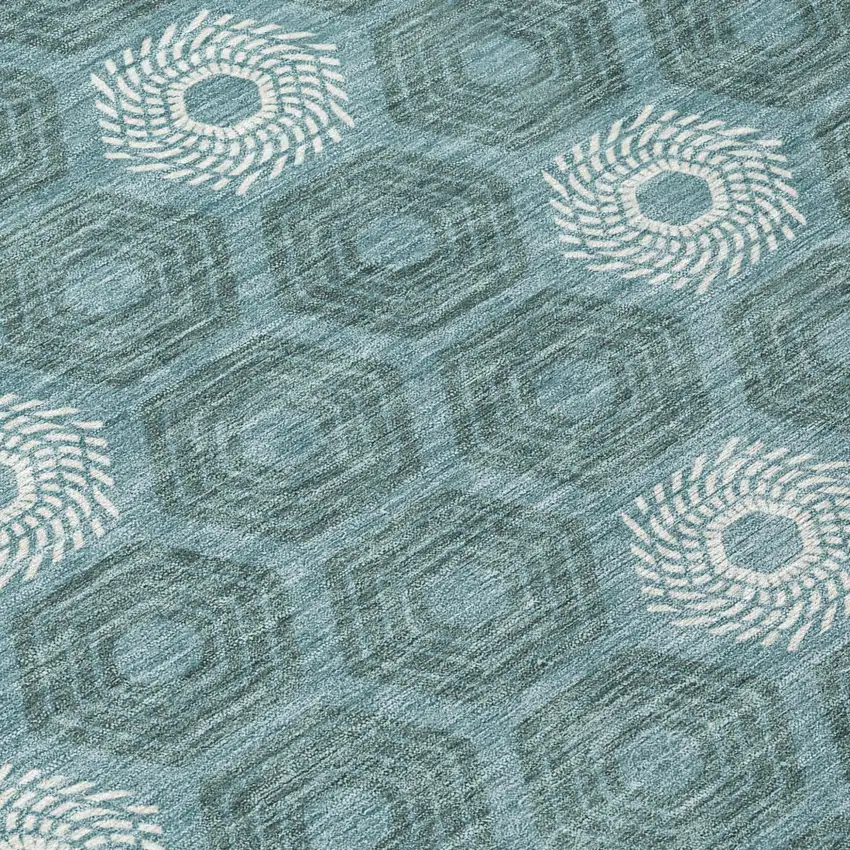 Teal Blue And Ivory Geometric Washable Indoor Outdoor Area Rug Photo 6