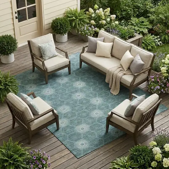 Teal Blue And Ivory Geometric Washable Indoor Outdoor Area Rug Photo 1