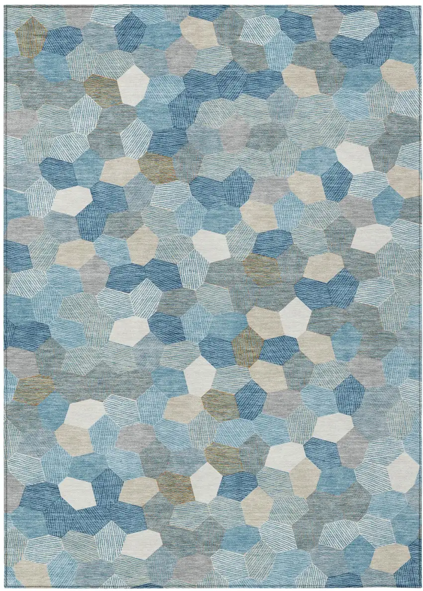 Teal Blue And Ivory Geometric Washable Indoor Outdoor Area Rug Photo 1