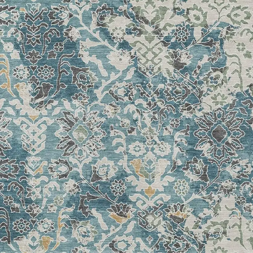 Teal Blue And Ivory Geometric Washable Indoor Outdoor Area Rug Photo 2