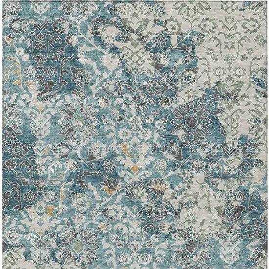 Teal Blue And Ivory Geometric Washable Indoor Outdoor Area Rug Photo 3