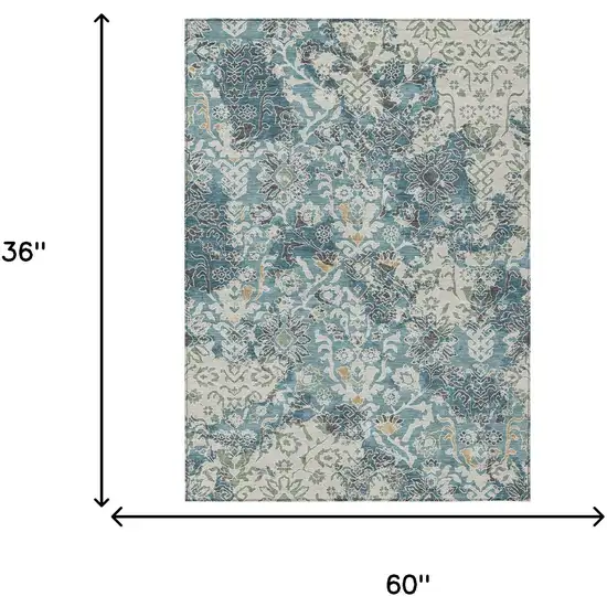 Teal Blue And Ivory Geometric Washable Indoor Outdoor Area Rug Photo 6