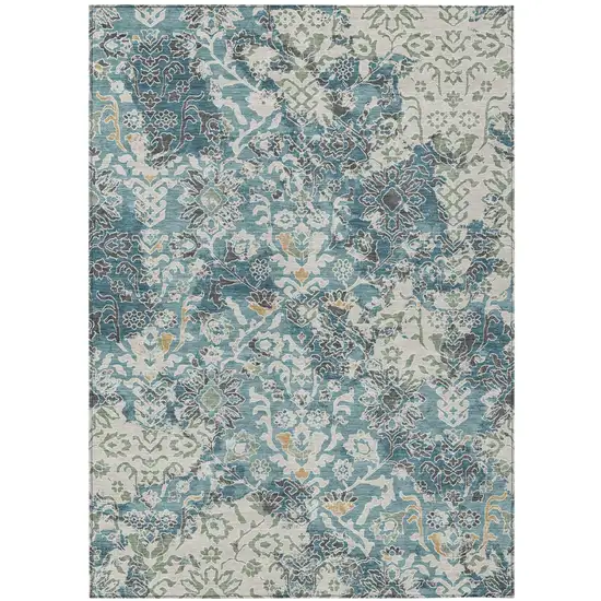 Teal Blue And Ivory Geometric Washable Indoor Outdoor Area Rug Photo 1
