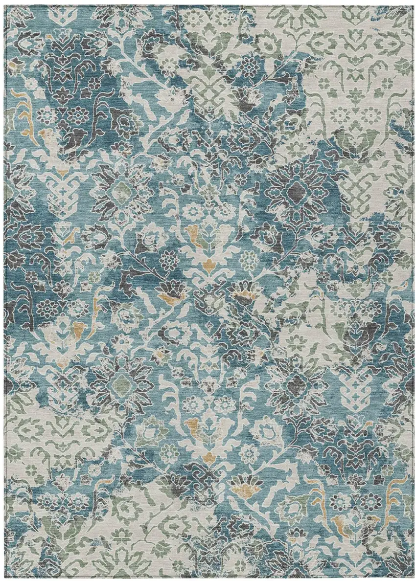 Teal Blue And Ivory Geometric Washable Indoor Outdoor Area Rug Photo 1