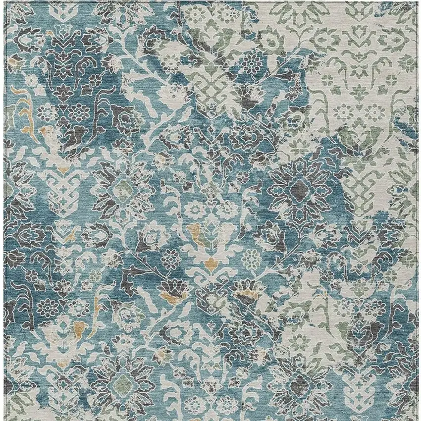 Teal Blue And Ivory Geometric Washable Indoor Outdoor Area Rug Photo 3