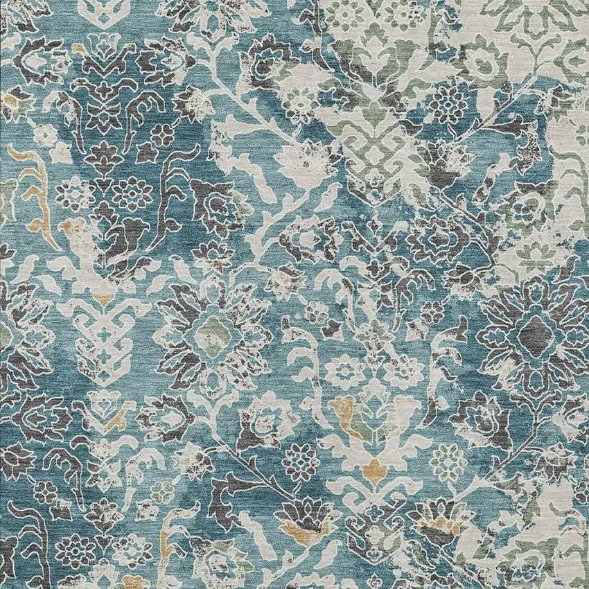 Teal Blue And Ivory Geometric Washable Indoor Outdoor Area Rug Photo 2